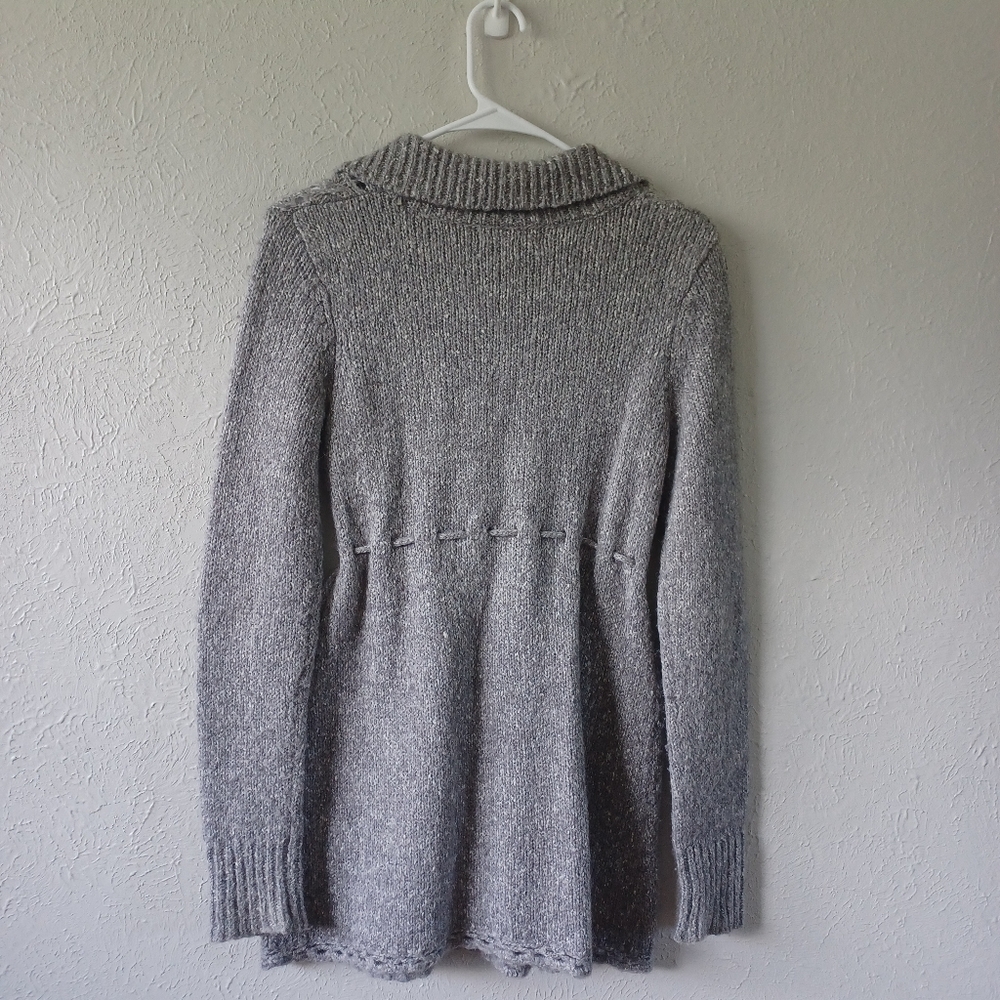 Kaisely Gray Wool Blend Knit Pom Pom Tie Waist Alpaca Sweater - Picture 3 of 7